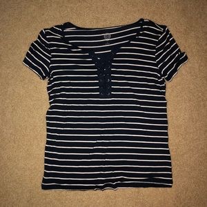 Blue and white striped lace down T-shirt